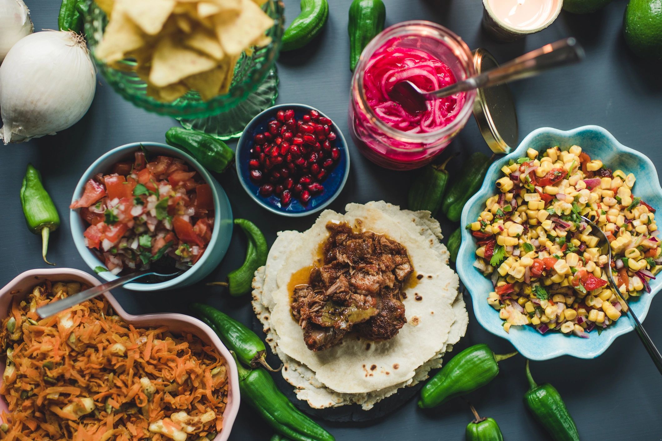 Colorful Mexican dinner spread